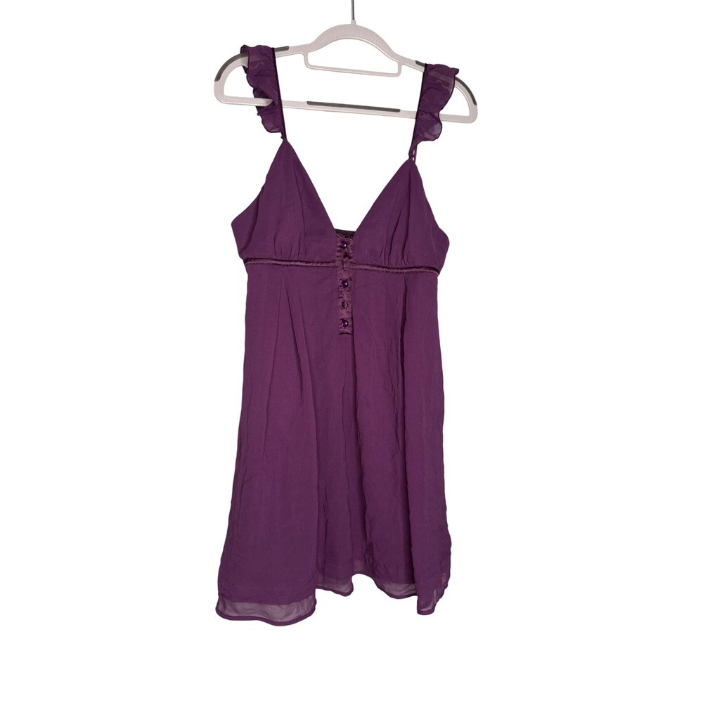 Marciano 100% Silk Ruffle Strap Mini Dress Purple V-Neck Babydoll Size M